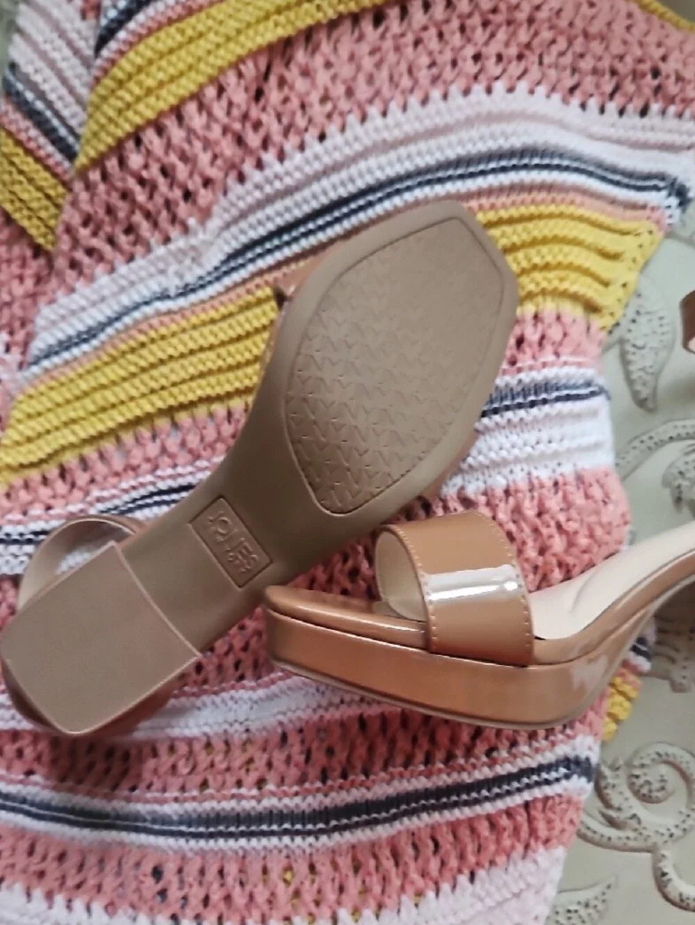 Jones New York Patent Nude Block Heel Sandals with Ankle Strap